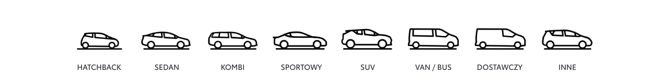 Grafika, przedstawiająca graficzne miniatury aut, z której każda podpisana jest innym typem nadwozia samochodowego. Oto ich lista: Hatchback, Sedan, Kombi, Sportowy, SUV, Van/Bus, Dostawczy, Inne.