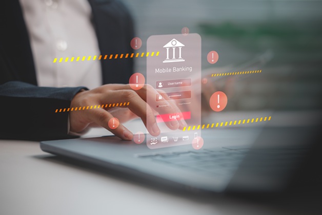Koncepcja zagrożenia cybernetycznego w bankowości mobilnej. Ekran logowania do aplikacji bankowej otoczony symbolami wykrzykników i pasami ostrzegawczymi, sugerującymi ryzyko lub próbę phishingu.