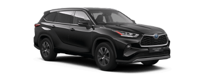 Czarna Toyota Highlander, ustawiona pod kątem z widocznym przodem oraz prawym bokiem. Tło zdjęcia jest białe, gładkie.
