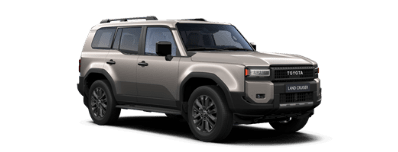 Beżowa Toyota Land Cruiser, ustawiona pod kątem z widocznym przodem oraz prawym bokiem. Tło zdjęcia jest białe, gładkie.