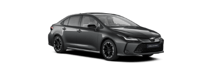 Szara Toyota Corolla Sedan, ustawiona pod kątem z widocznym przodem oraz prawym bokiem. Tło zdjęcia jest białe, gładkie.