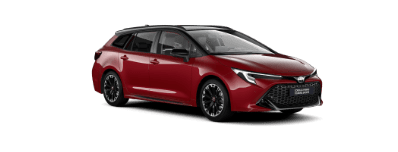 Czerwona Toyota Corolla Touring Sport, ustawiona pod kątem z widocznym przodem oraz prawym bokiem. Tło zdjęcia jest białe, gładkie.