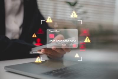 Grafika koncepcyjna przedstawiająca kartę kredytową otoczoną czerwonymi i żółtymi wykrzyknikami ostrzegawczymi, symbolizująca wyłudzenie danych lub oszustwo finansowe.