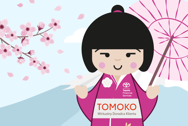 Grafika z japońską laleczką ubraną w różowe kimono w kwiatki, z napisem na kimono TOMOKO Wirtualny Doradca Klienta. W tle japońska różowa parasolka oraz kwitnące na różowo drzewo.